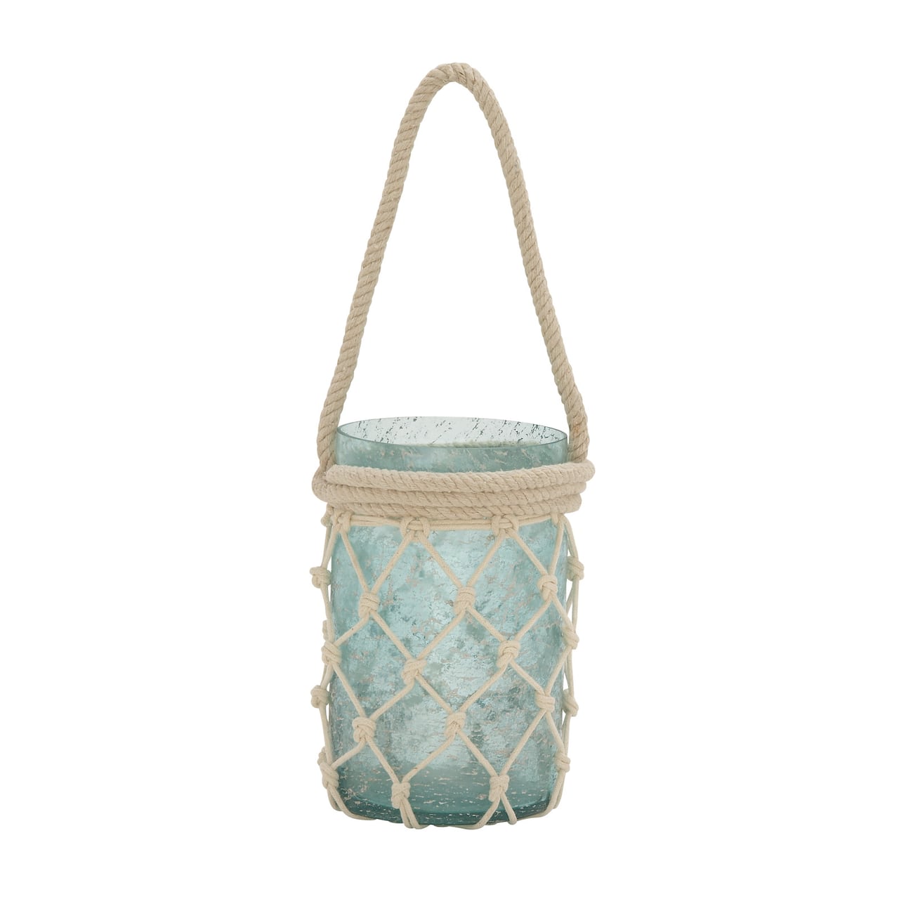 Aquamarine Glass Coastal Candle Holder Lantern, 16" x 5" x 5"
